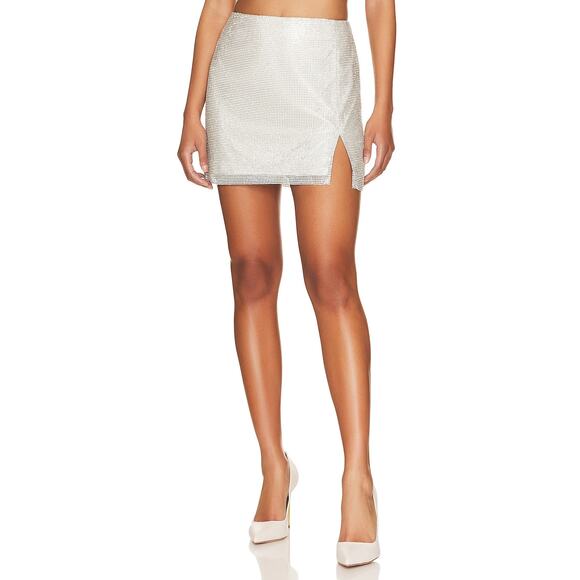 Lamarque Pati Rhinestone Mini Skirt Festival Chainmail Slit Silver Size Small
